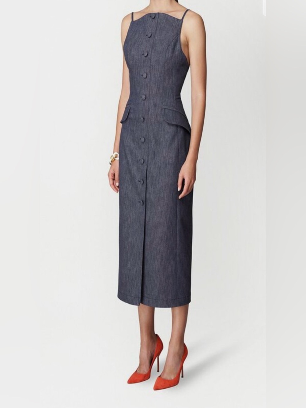 CAROLINA HERRERA
Denim Button-Down Sleeveless Pencil Dress